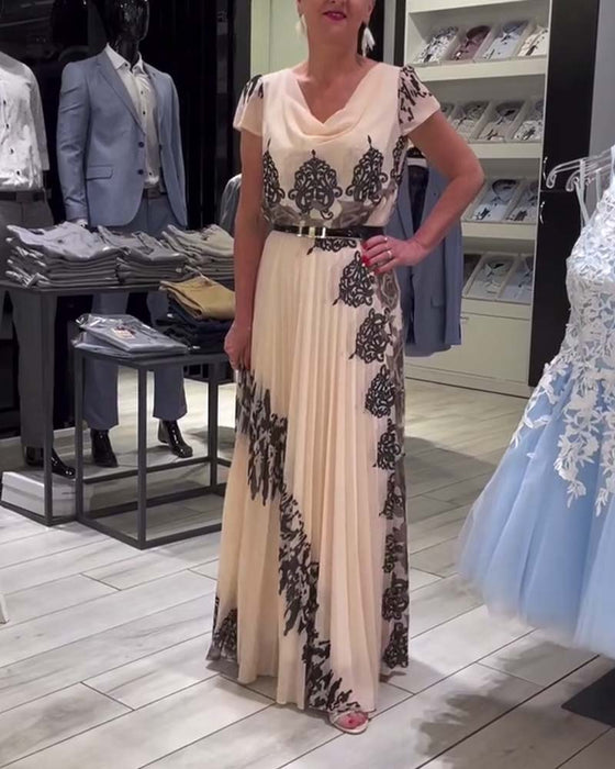 Vintage tryck plisserad elegant klänning