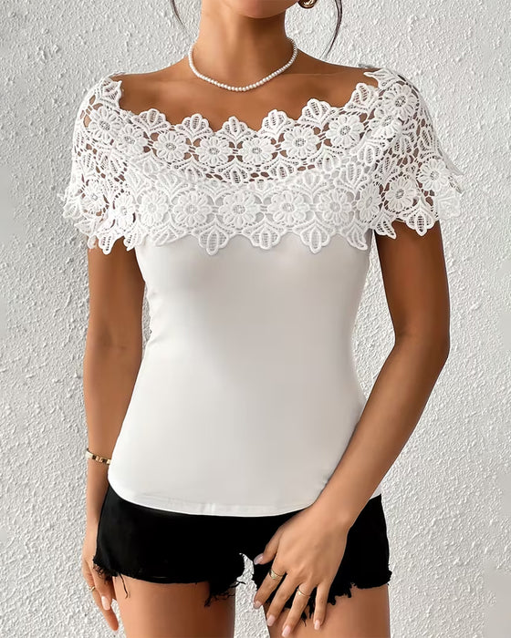 T-Shirt Spets Off-The-Shoulder Patchwork