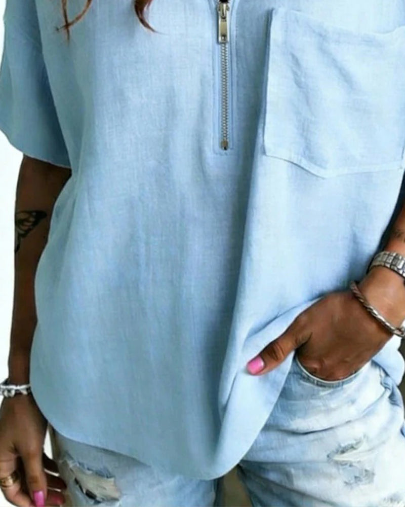 Skjorta Halv Dragkedja Krage Kort Ärm