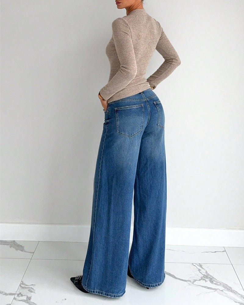 T-Shirt Dam Lång Ärm Ribbad Stickad Sväng Fram