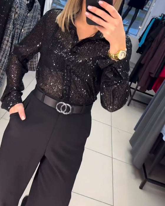 Paillettskjorta Med Knäppning Och Krage