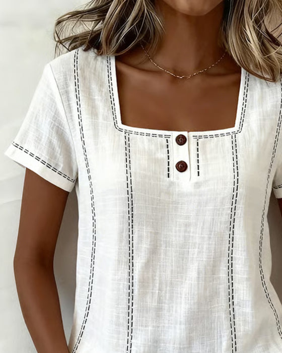 Blus Liten Fyrkantig Hals Solid Knapp