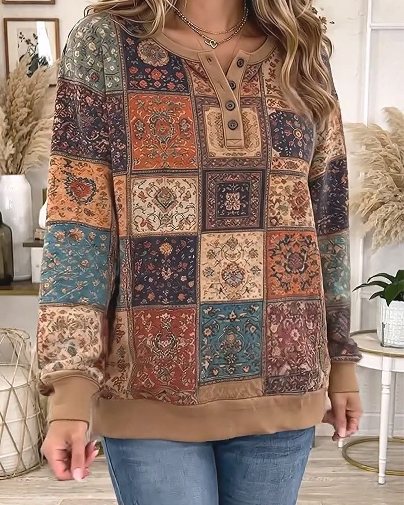 Sweatshirt Rund Hals Knappad Rutmönster Kontrast