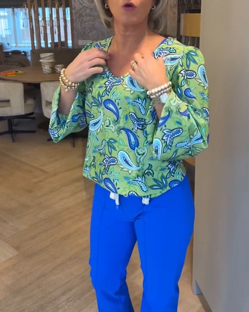 Topp Vattendroppstryck Långärmad V-Ringad