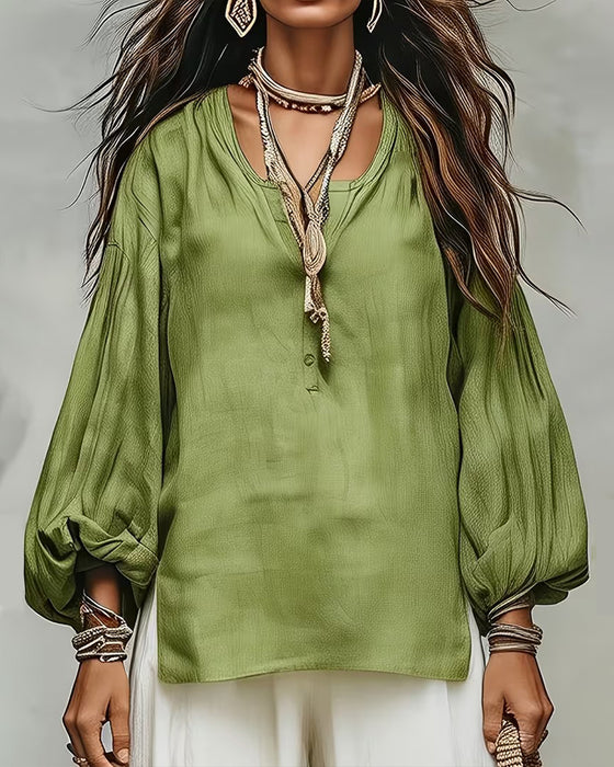 Blus Casual Lyktaärm Enfärgad Loose Fit