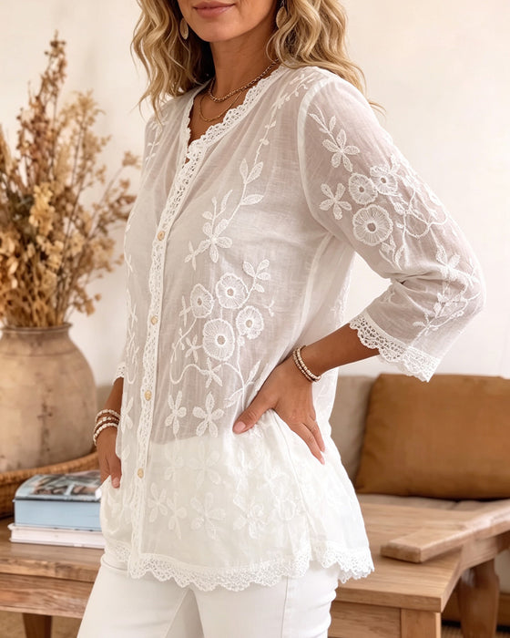 Blus Casual Halvlång Ärm V-Hals