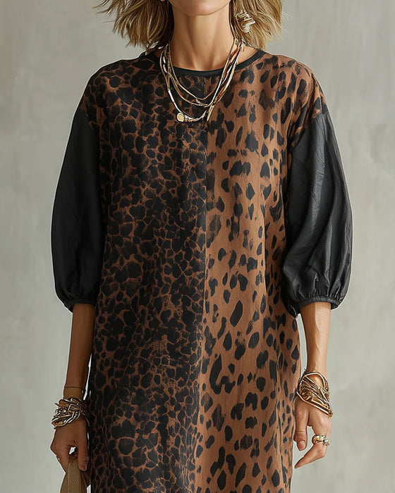 Klänning Leopard Tryck Färgblock Puff Ärm