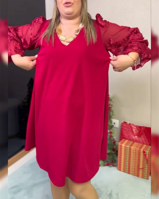 Klänning Puckad Ärm Nättyg Insydd V-hals Löst Sitthande