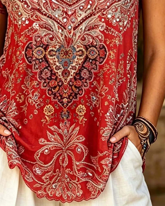 T-Shirt Boho V-Hals Tryckt Kortärmad