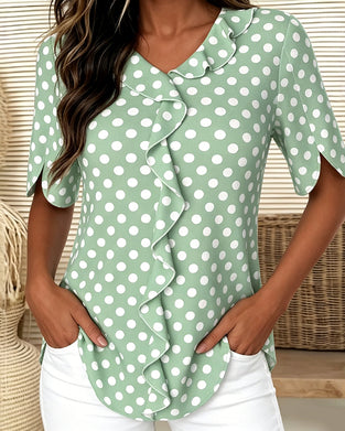 Blus Prickig Ruffle V-Hals