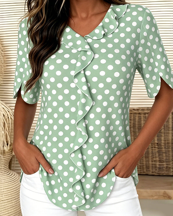 Blus Prickig Ruffle V-Hals
