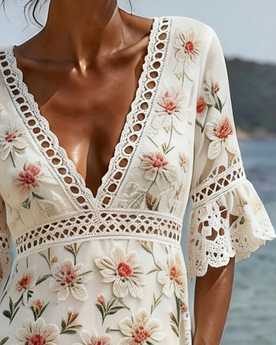 Klädning Hollow Out Patchwork V-Hals Blommig