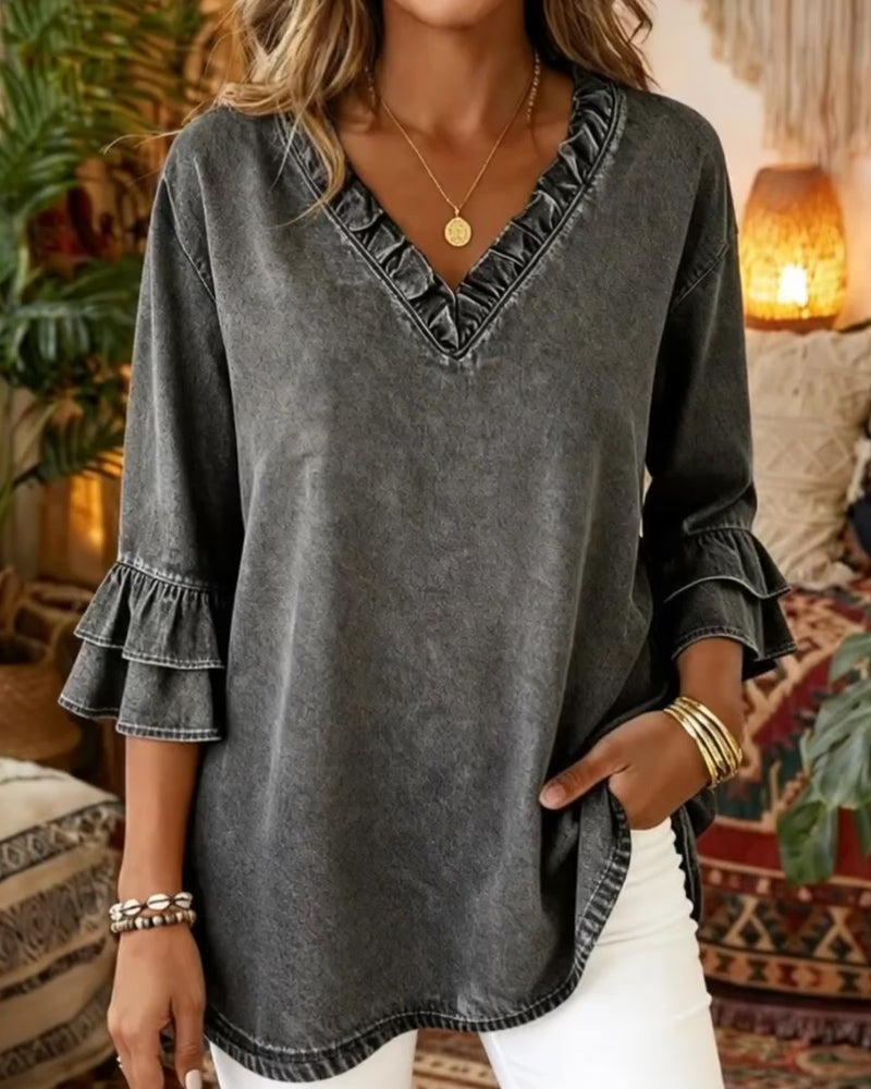 Rynkad Kortärmad V-Ringad Denimblus