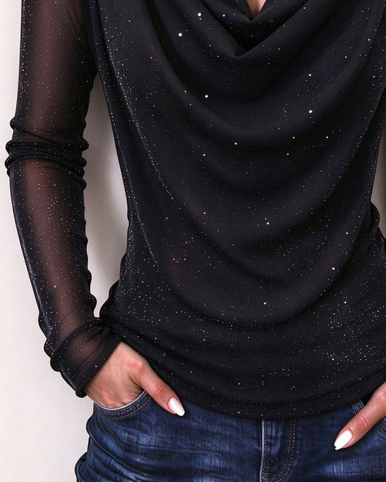 Topp Skimmer Cowlneck Mesh Långärmad