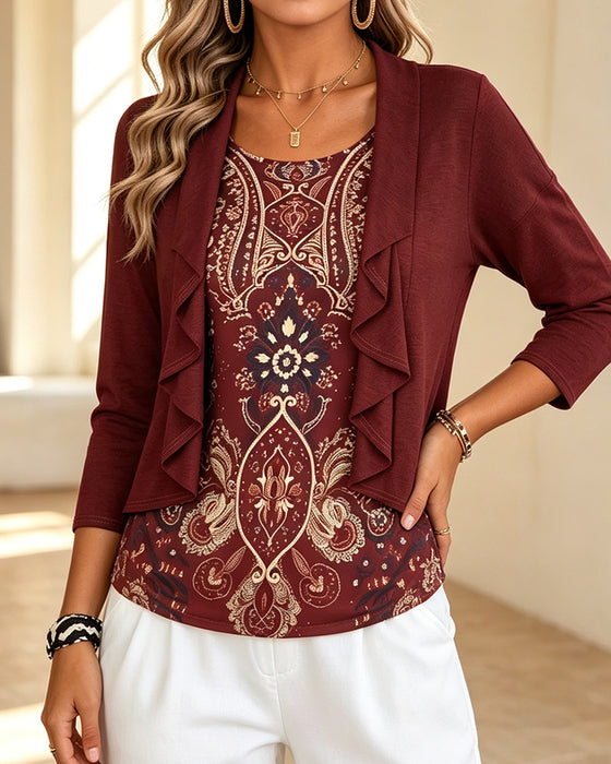 Blus Imitation Tvådelad Ruffle Tryck