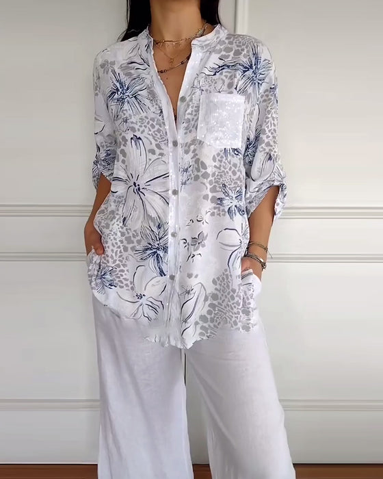 Skjorta Ståkrage Tryckt Ficka