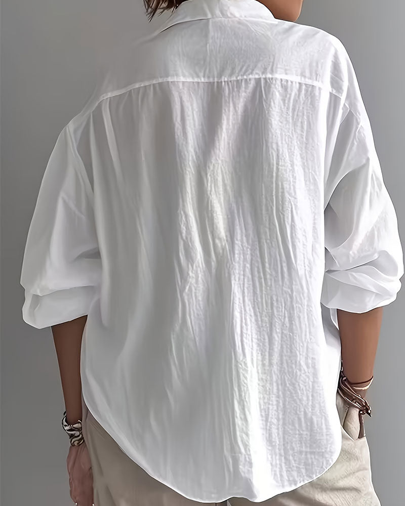 Blus Enfärgad Krage Halvknäppning Långärmad