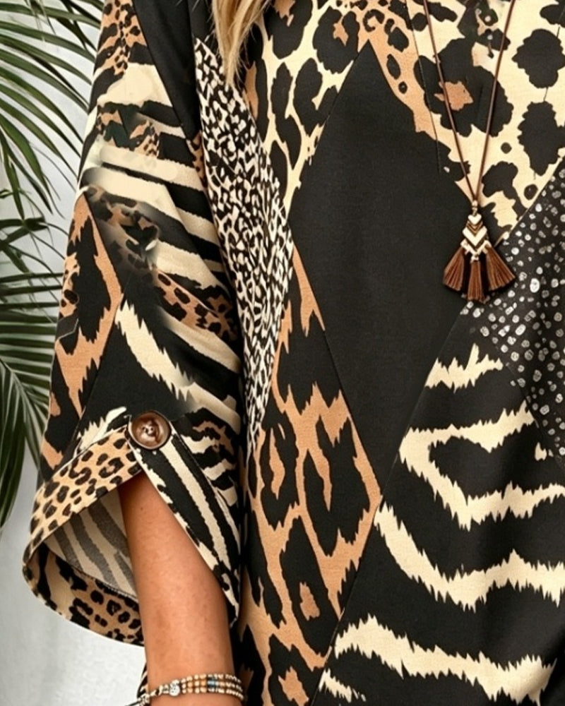 Blus Rundhalsad Knapp Leopard Rynkad