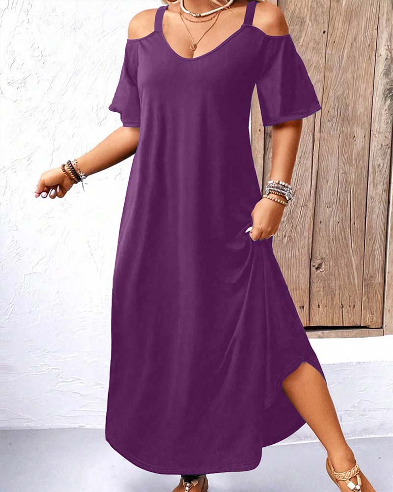 Klänning Enfärgad V-Ringning Off-Shoulder Lång