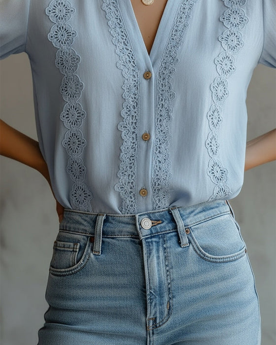 Blus Spets Panel Ståkrage