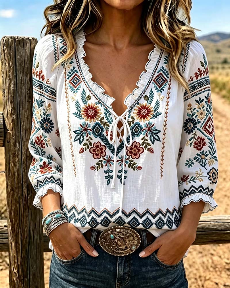 Blus V-Hals Bohemisk Ruffle