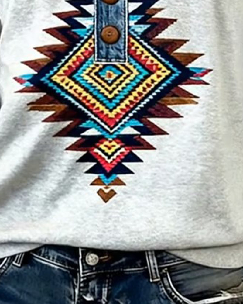 Tryckt Färgblockad Sweatshirt Med Knappkrage