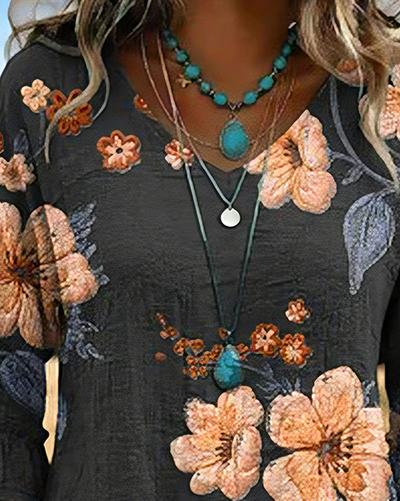 Blus V-Ringning Vintage Blommig Loose Fit