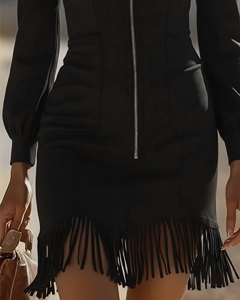 Klänning Med Dragkedjekrage Och Fransad Fåll