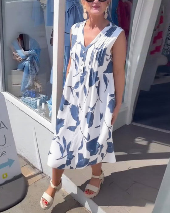 Klänning V-ringad ärmlös tryckt