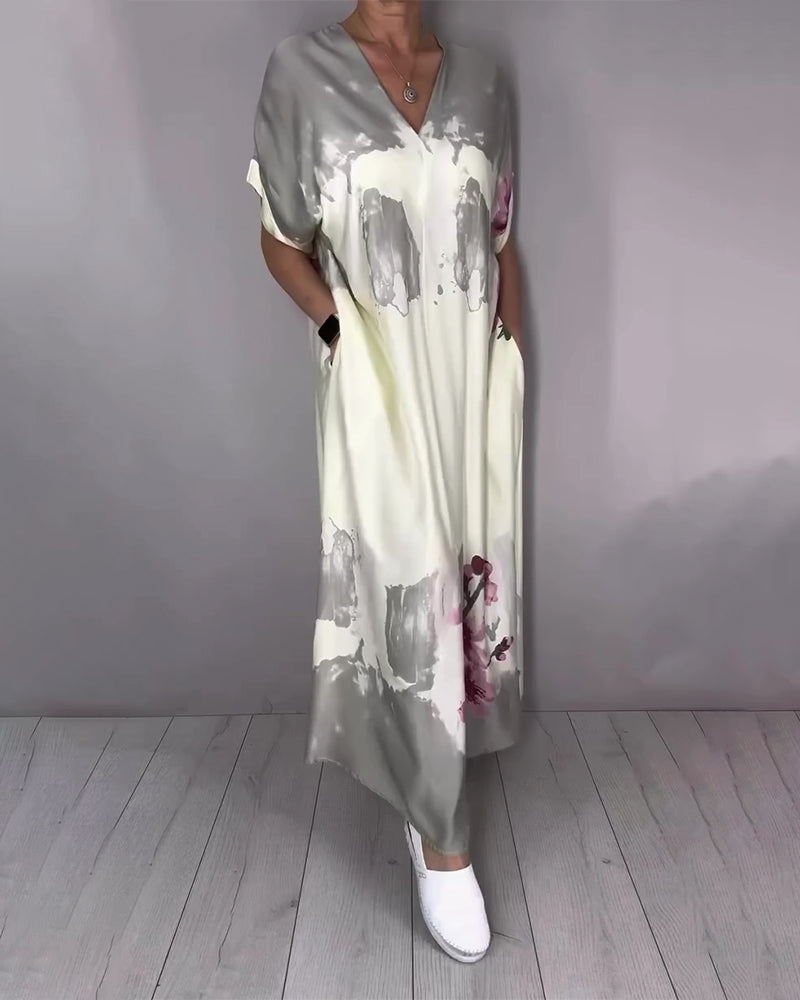 Klänning Bläck Tvätt Persikoblomma V-Hals Maxi