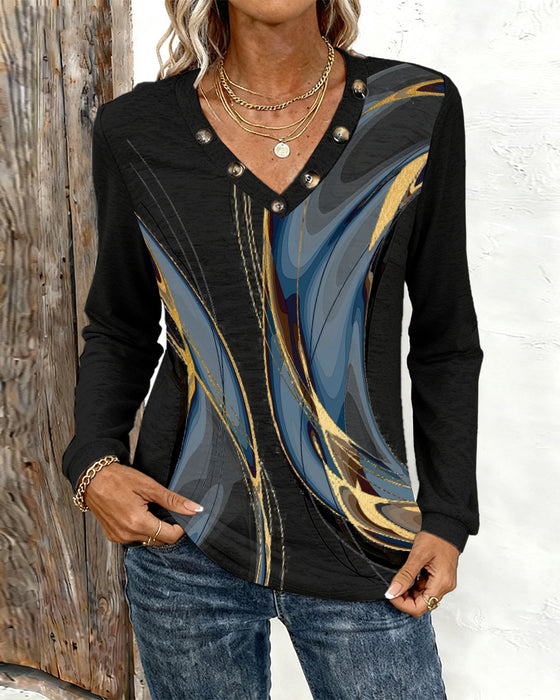 Tryckt Casual Topp Med V-Ringning Och Långa Ärmar