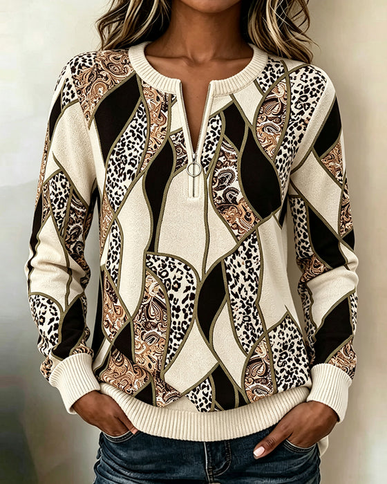 Tröja Rund Hals Dragkedja Leopardmönster Patchwork