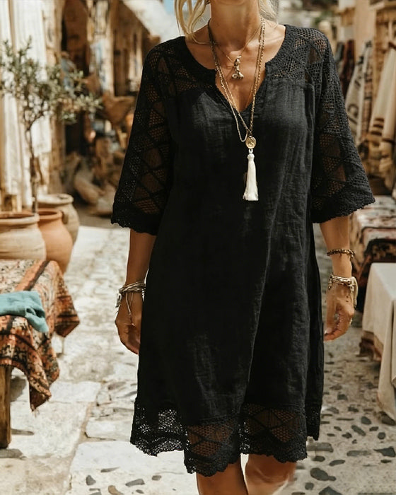 Klänning V-ringning Spets Patchwork Casual