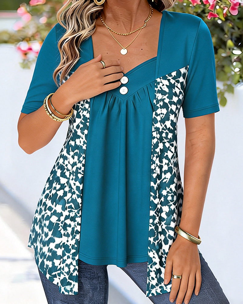 Topp Falsk Tvådelad Lappverk Tryckt Kortärmad