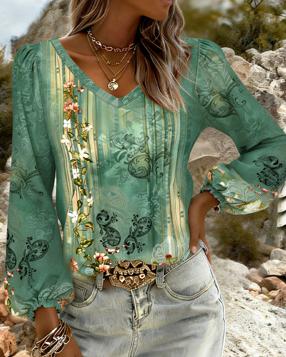 Blus Blommig V-Ringad Puffärm