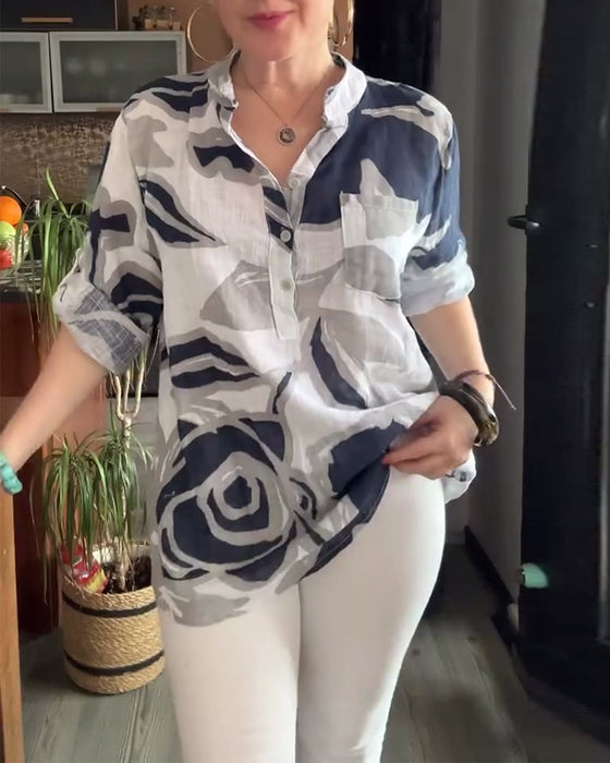 Blus avslappnad stativ krage tryckt