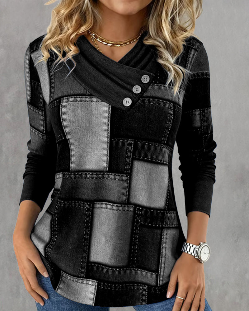 Långärmad Topp Med V-Ringning Och Kontrast I Enfärg