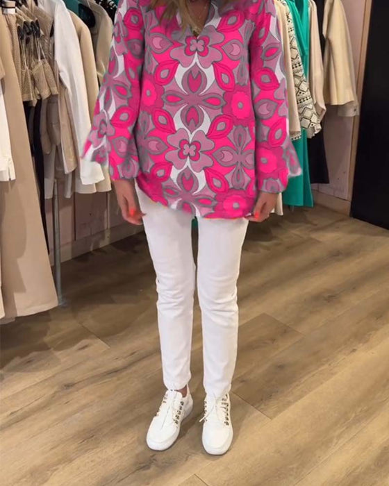 Blus med lösa, mångsidiga stilar och tryck