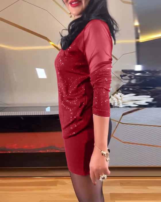 Topp sexig v-ringad mesh och enfärgad paljett