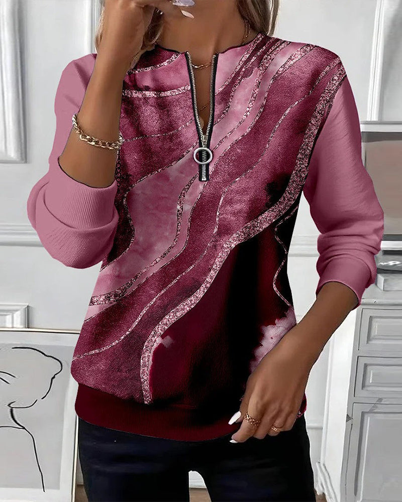 Sweatshirt Med Halv Dragkedja Och Vintage-Tryck