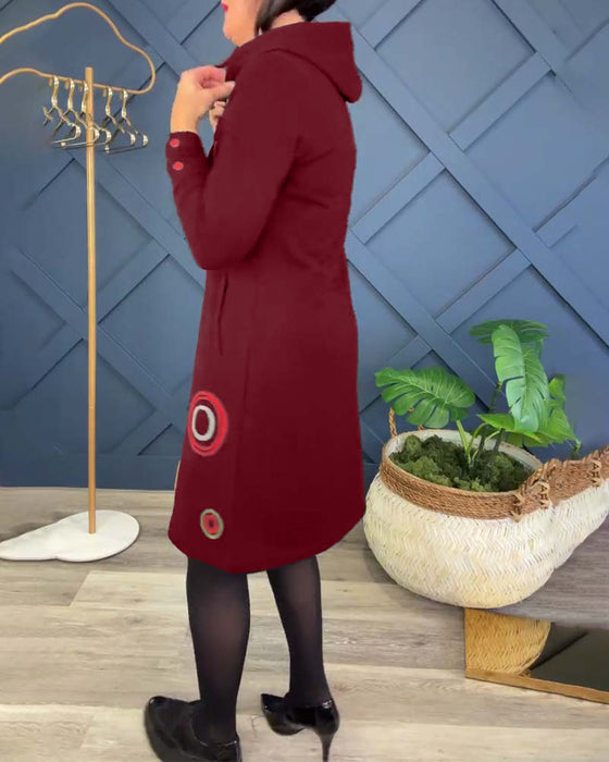 Avslappnad klänning med luva i cirkeltryck med dragkedja