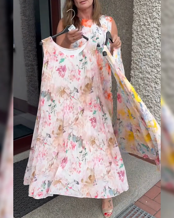 Klänning Ärmlös Plisserad Blommig