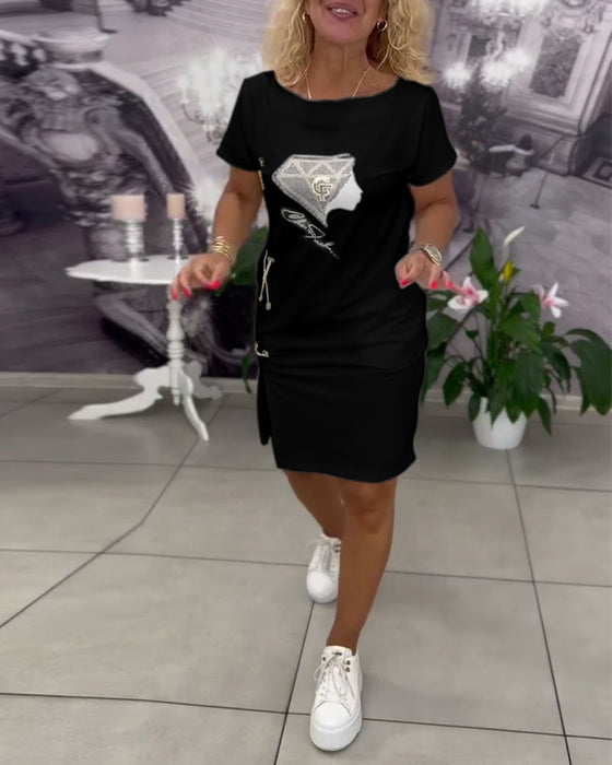 Klänning Tryckt Figursydd Slits