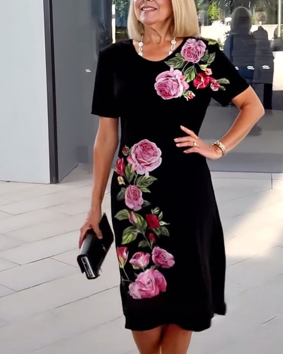 Klänning Kortärmad Rosprint Shift