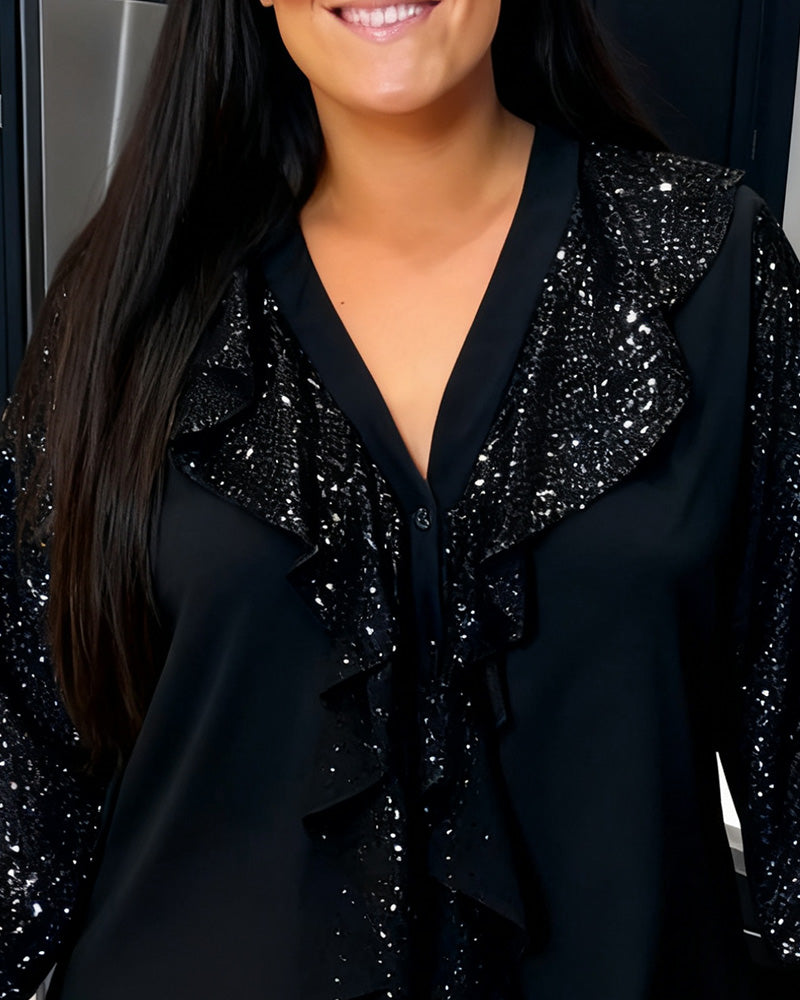 Plussize Blus Med Volanger Och Paljetter
