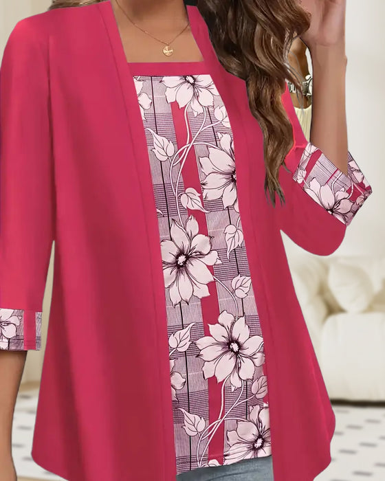 Tryckt Topp Med Lång Ärm Fejkad Tvådelad Design