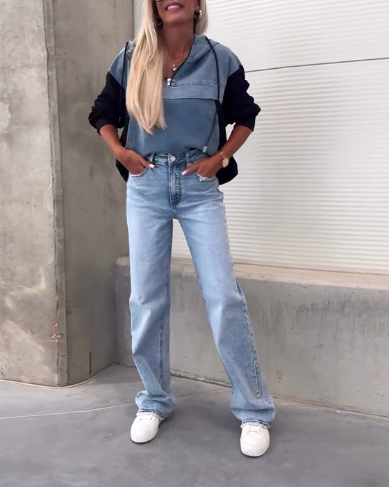 Avslappnad luvtröja med lapptäcke i denim med dragkedja