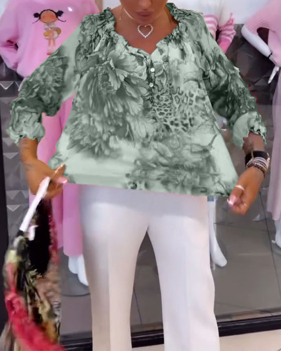 Blus Med V-Ringad Blommönster