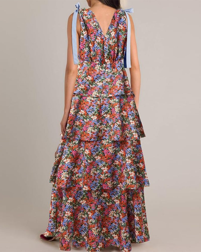 Maxiklänning V-Halsband Blomig Mångbandad Med Midjebånd