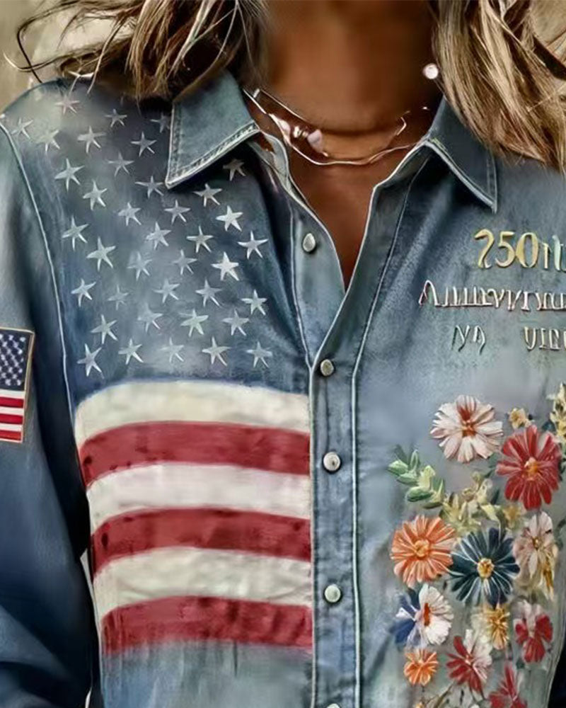 Skjorta Nedfällbar Krage Tryck Broderi